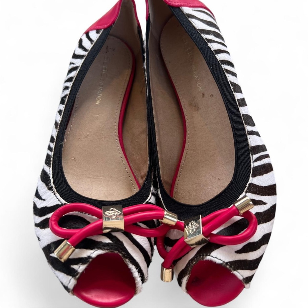 BCBGENERATION Stylish Zebra Print Peep Toe Flats with Pink Accents